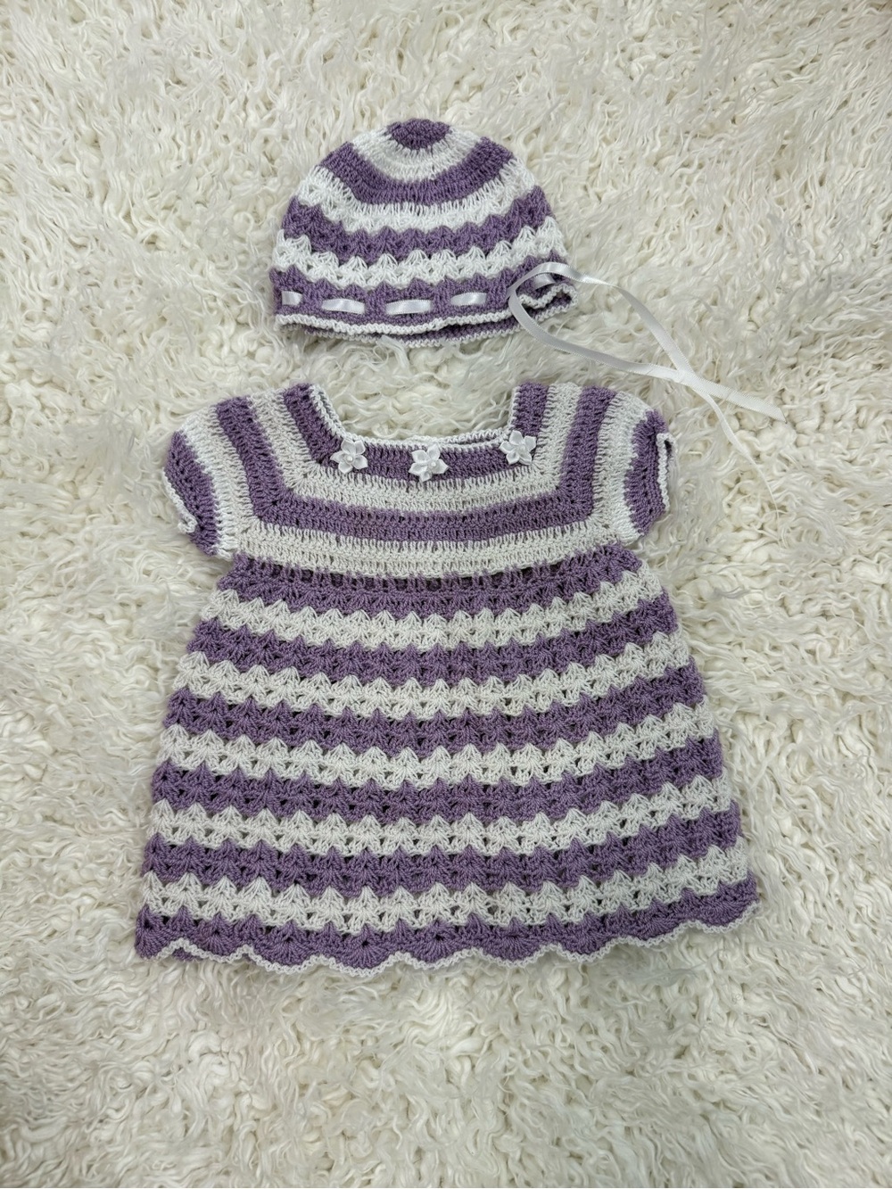 Handmade Crochet Baby Dress & Hat Set in Lavender and White